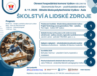 Pozvánka – Školství a lidské zdroje – setkání podnikatelů – ekonomické fórum – 6. 11. 2025 Vyškov
